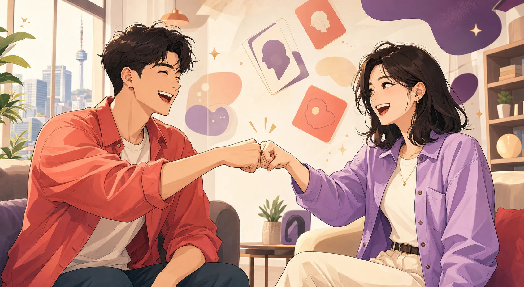 เพื่อนผู้ชายและผู้หญิงสไตล์การ์ตูนเกาหลีกำลังหัวเราะและชนหมัดกัน